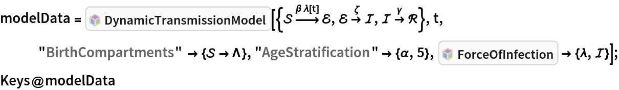 modelData = InterpretationBox[FrameBox[TagBox[TooltipBox[PaneBox[GridBox[List[List[GraphicsBox[List[Thickness[0.0025`], List[FaceForm[List[RGBColor[0.9607843137254902`, 0.5058823529411764`, 0.19607843137254902`], Opacity[1.`]]], FilledCurveBox[List[List[List[0, 2, 0], List[0, 1, 0], List[0, 1, 0], List[0, 1, 0], List[0, 1, 0]], List[List[0, 2, 0], List[0, 1, 0], List[0, 1, 0], List[0, 1, 0], List[0, 1, 0]], List[List[0, 2, 0], List[0, 1, 0], List[0, 1, 0], List[0, 1, 0], List[0, 1, 0], List[0, 1, 0]], List[List[0, 2, 0], List[1, 3, 3], List[0, 1, 0], List[1, 3, 3], List[0, 1, 0], List[1, 3, 3], List[0, 1, 0], List[1, 3, 3], List[1, 3, 3], List[0, 1, 0], List[1, 3, 3], List[0, 1, 0], List[1, 3, 3]]], List[List[List[205.`, 22.863691329956055`], List[205.`, 212.31669425964355`], List[246.01799774169922`, 235.99870109558105`], List[369.0710144042969`, 307.0436840057373`], List[369.0710144042969`, 117.59068870544434`], List[205.`, 22.863691329956055`]], List[List[30.928985595703125`, 307.0436840057373`], List[153.98200225830078`, 235.99870109558105`], List[195.`, 212.31669425964355`], List[195.`, 22.863691329956055`], List[30.928985595703125`, 117.59068870544434`], List[30.928985595703125`, 307.0436840057373`]], List[List[200.`, 410.42970085144043`], List[364.0710144042969`, 315.7036876678467`], List[241.01799774169922`, 244.65868949890137`], List[200.`, 220.97669792175293`], List[158.98200225830078`, 244.65868949890137`], List[35.928985595703125`, 315.7036876678467`], List[200.`, 410.42970085144043`]], List[List[376.5710144042969`, 320.03370475769043`], List[202.5`, 420.53370475769043`], List[200.95300006866455`, 421.42667961120605`], List[199.04699993133545`, 421.42667961120605`], List[197.5`, 420.53370475769043`], List[23.428985595703125`, 320.03370475769043`], List[21.882003784179688`, 319.1406993865967`], List[20.928985595703125`, 317.4896984100342`], List[20.928985595703125`, 315.7036876678467`], List[20.928985595703125`, 114.70369529724121`], List[20.928985595703125`, 112.91769218444824`], List[21.882003784179688`, 111.26669120788574`], List[23.428985595703125`, 110.37369346618652`], List[197.5`, 9.87369155883789`], List[198.27300024032593`, 9.426692008972168`], List[199.13700008392334`, 9.203690528869629`], List[200.`, 9.203690528869629`], List[200.86299991607666`, 9.203690528869629`], List[201.72699999809265`, 9.426692008972168`], List[202.5`, 9.87369155883789`], List[376.5710144042969`, 110.37369346618652`], List[378.1179962158203`, 111.26669120788574`], List[379.0710144042969`, 112.91769218444824`], List[379.0710144042969`, 114.70369529724121`], List[379.0710144042969`, 315.7036876678467`], List[379.0710144042969`, 317.4896984100342`], List[378.1179962158203`, 319.1406993865967`], List[376.5710144042969`, 320.03370475769043`]]]]], List[FaceForm[List[RGBColor[0.5529411764705883`, 0.6745098039215687`, 0.8117647058823529`], Opacity[1.`]]], FilledCurveBox[List[List[List[0, 2, 0], List[0, 1, 0], List[0, 1, 0], List[0, 1, 0]]], List[List[List[44.92900085449219`, 282.59088134765625`], List[181.00001525878906`, 204.0298843383789`], List[181.00001525878906`, 46.90887451171875`], List[44.92900085449219`, 125.46986389160156`], List[44.92900085449219`, 282.59088134765625`]]]]], List[FaceForm[List[RGBColor[0.6627450980392157`, 0.803921568627451`, 0.5686274509803921`], Opacity[1.`]]], FilledCurveBox[List[List[List[0, 2, 0], List[0, 1, 0], List[0, 1, 0], List[0, 1, 0]]], List[List[List[355.0710144042969`, 282.59088134765625`], List[355.0710144042969`, 125.46986389160156`], List[219.`, 46.90887451171875`], List[219.`, 204.0298843383789`], List[355.0710144042969`, 282.59088134765625`]]]]], List[FaceForm[List[RGBColor[0.6901960784313725`, 0.5882352941176471`, 0.8117647058823529`], Opacity[1.`]]], FilledCurveBox[List[List[List[0, 2, 0], List[0, 1, 0], List[0, 1, 0], List[0, 1, 0]]], List[List[List[200.`, 394.0606994628906`], List[336.0710144042969`, 315.4997024536133`], List[200.`, 236.93968200683594`], List[63.928985595703125`, 315.4997024536133`], List[200.`, 394.0606994628906`]]]]]], List[Rule[BaselinePosition, Scaled[0.15`]], Rule[ImageSize, 10], Rule[ImageSize, 15]]], StyleBox[RowBox[List["DynamicTransmissionModel", " "]], Rule[ShowAutoStyles, False], Rule[ShowStringCharacters, False], Rule[FontSize, Times[0.9`, Inherited]], Rule[FontColor, GrayLevel[0.1`]]]]], Rule[GridBoxSpacings, List[Rule["Columns", List[List[0.25`]]]]]], Rule[Alignment, List[Left, Baseline]], Rule[BaselinePosition, Baseline], Rule[FrameMargins, List[List[3, 0], List[0, 0]]], Rule[BaseStyle, List[Rule[LineSpacing, List[0, 0]], Rule[LineBreakWithin, False]]]], RowBox[List["PacletSymbol", "[", RowBox[List["\"RobertNachbar/CompartmentalModeling\"", ",", "\"RobertNachbar`EpidemiologyModeling`DynamicTransmissionModel\""]], "]"]], Rule[TooltipStyle, List[Rule[ShowAutoStyles, True], Rule[ShowStringCharacters, True]]]], Function[Annotation[Slot[1], Style[Defer[PacletSymbol["RobertNachbar/CompartmentalModeling", "RobertNachbar`EpidemiologyModeling`DynamicTransmissionModel"]], Rule[ShowStringCharacters, True]], "Tooltip"]]], Rule[Background, RGBColor[0.968`, 0.976`, 0.984`]], Rule[BaselinePosition, Baseline], Rule[DefaultBaseStyle, List[]], Rule[FrameMargins, List[List[0, 0], List[1, 1]]], Rule[FrameStyle, RGBColor[0.831`, 0.847`, 0.85`]], Rule[RoundingRadius, 4]], PacletSymbol["RobertNachbar/CompartmentalModeling", "RobertNachbar`EpidemiologyModeling`DynamicTransmissionModel"], Rule[Selectable, False], Rule[SelectWithContents, True], Rule[BoxID, "PacletSymbolBox"]][{\[ScriptCapitalS] 
\!\(\*OverscriptBox[\(\[RightArrow]\), \(\[Beta]\ \[Lambda][
        t]\)]\) \[ScriptCapitalE], \[ScriptCapitalE] 
\!\(\*OverscriptBox[\(\[RightArrow]\), \(\[Zeta]\)]\) \[ScriptCapitalI], \[ScriptCapitalI] 
\!\(\*OverscriptBox[\(\[RightArrow]\), \(\[Gamma]\)]\) \[ScriptCapitalR]}, t, "BirthCompartments" -> {\[ScriptCapitalS] -> \[CapitalLambda]}, "AgeStratification" -> {\[Alpha], 5}, InterpretationBox[FrameBox[TagBox[TooltipBox[PaneBox[GridBox[List[List[GraphicsBox[List[Thickness[0.0025`], List[FaceForm[List[RGBColor[0.9607843137254902`, 0.5058823529411764`, 0.19607843137254902`], Opacity[1.`]]], FilledCurveBox[List[List[List[0, 2, 0], List[0, 1, 0], List[0, 1, 0], List[0, 1, 0], List[0, 1, 0]], List[List[0, 2, 0], List[0, 1, 0], List[0, 1, 0], List[0, 1, 0], List[0, 1, 0]], List[List[0, 2, 0], List[0, 1, 0], List[0, 1, 0], List[0, 1, 0], List[0, 1, 0], List[0, 1, 0]], List[List[0, 2, 0], List[1, 3, 3], List[0, 1, 0], List[1, 3, 3], List[0, 1, 0], List[1, 3, 3], List[0, 1, 0], List[1, 3, 3], List[1, 3, 3], List[0, 1, 0], List[1, 3, 3], List[0, 1, 0], List[1, 3, 3]]], List[List[List[205.`, 22.863691329956055`], List[205.`, 212.31669425964355`], List[246.01799774169922`, 235.99870109558105`], List[369.0710144042969`, 307.0436840057373`], List[369.0710144042969`, 117.59068870544434`], List[205.`, 22.863691329956055`]], List[List[30.928985595703125`, 307.0436840057373`], List[153.98200225830078`, 235.99870109558105`], List[195.`, 212.31669425964355`], List[195.`, 22.863691329956055`], List[30.928985595703125`, 117.59068870544434`], List[30.928985595703125`, 307.0436840057373`]], List[List[200.`, 410.42970085144043`], List[364.0710144042969`, 315.7036876678467`], List[241.01799774169922`, 244.65868949890137`], List[200.`, 220.97669792175293`], List[158.98200225830078`, 244.65868949890137`], List[35.928985595703125`, 315.7036876678467`], List[200.`, 410.42970085144043`]], List[List[376.5710144042969`, 320.03370475769043`], List[202.5`, 420.53370475769043`], List[200.95300006866455`, 421.42667961120605`], List[199.04699993133545`, 421.42667961120605`], List[197.5`, 420.53370475769043`], List[23.428985595703125`, 320.03370475769043`], List[21.882003784179688`, 319.1406993865967`], List[20.928985595703125`, 317.4896984100342`], List[20.928985595703125`, 315.7036876678467`], List[20.928985595703125`, 114.70369529724121`], List[20.928985595703125`, 112.91769218444824`], List[21.882003784179688`, 111.26669120788574`], List[23.428985595703125`, 110.37369346618652`], List[197.5`, 9.87369155883789`], List[198.27300024032593`, 9.426692008972168`], List[199.13700008392334`, 9.203690528869629`], List[200.`, 9.203690528869629`], List[200.86299991607666`, 9.203690528869629`], List[201.72699999809265`, 9.426692008972168`], List[202.5`, 9.87369155883789`], List[376.5710144042969`, 110.37369346618652`], List[378.1179962158203`, 111.26669120788574`], List[379.0710144042969`, 112.91769218444824`], List[379.0710144042969`, 114.70369529724121`], List[379.0710144042969`, 315.7036876678467`], List[379.0710144042969`, 317.4896984100342`], List[378.1179962158203`, 319.1406993865967`], List[376.5710144042969`, 320.03370475769043`]]]]], List[FaceForm[List[RGBColor[0.5529411764705883`, 0.6745098039215687`, 0.8117647058823529`], Opacity[1.`]]], FilledCurveBox[List[List[List[0, 2, 0], List[0, 1, 0], List[0, 1, 0], List[0, 1, 0]]], List[List[List[44.92900085449219`, 282.59088134765625`], List[181.00001525878906`, 204.0298843383789`], List[181.00001525878906`, 46.90887451171875`], List[44.92900085449219`, 125.46986389160156`], List[44.92900085449219`, 282.59088134765625`]]]]], List[FaceForm[List[RGBColor[0.6627450980392157`, 0.803921568627451`, 0.5686274509803921`], Opacity[1.`]]], FilledCurveBox[List[List[List[0, 2, 0], List[0, 1, 0], List[0, 1, 0], List[0, 1, 0]]], List[List[List[355.0710144042969`, 282.59088134765625`], List[355.0710144042969`, 125.46986389160156`], List[219.`, 46.90887451171875`], List[219.`, 204.0298843383789`], List[355.0710144042969`, 282.59088134765625`]]]]], List[FaceForm[List[RGBColor[0.6901960784313725`, 0.5882352941176471`, 0.8117647058823529`], Opacity[1.`]]], FilledCurveBox[List[List[List[0, 2, 0], List[0, 1, 0], List[0, 1, 0], List[0, 1, 0]]], List[List[List[200.`, 394.0606994628906`], List[336.0710144042969`, 315.4997024536133`], List[200.`, 236.93968200683594`], List[63.928985595703125`, 315.4997024536133`], List[200.`, 394.0606994628906`]]]]]], List[Rule[BaselinePosition, Scaled[0.15`]], Rule[ImageSize, 10], Rule[ImageSize, 15]]], StyleBox[RowBox[List["ForceOfInfection", " "]], Rule[ShowAutoStyles, False], Rule[ShowStringCharacters, False], Rule[FontSize, Times[0.9`, Inherited]], Rule[FontColor, GrayLevel[0.1`]]]]], Rule[GridBoxSpacings, List[Rule["Columns", List[List[0.25`]]]]]], Rule[Alignment, List[Left, Baseline]], Rule[BaselinePosition, Baseline], Rule[FrameMargins, List[List[3, 0], List[0, 0]]], Rule[BaseStyle, List[Rule[LineSpacing, List[0, 0]], Rule[LineBreakWithin, False]]]], RowBox[List["PacletSymbol", "[", RowBox[List["\"RobertNachbar/CompartmentalModeling\"", ",", "\"RobertNachbar`EpidemiologyModeling`ForceOfInfection\""]], "]"]], Rule[TooltipStyle, List[Rule[ShowAutoStyles, True], Rule[ShowStringCharacters, True]]]], Function[Annotation[Slot[1], Style[Defer[PacletSymbol["RobertNachbar/CompartmentalModeling", "RobertNachbar`EpidemiologyModeling`ForceOfInfection"]], Rule[ShowStringCharacters, True]], "Tooltip"]]], Rule[Background, RGBColor[0.968`, 0.976`, 0.984`]], Rule[BaselinePosition, Baseline], Rule[DefaultBaseStyle, List[]], Rule[FrameMargins, List[List[0, 0], List[1, 1]]], Rule[FrameStyle, RGBColor[0.831`, 0.847`, 0.85`]], Rule[RoundingRadius, 4]], PacletSymbol["RobertNachbar/CompartmentalModeling", "RobertNachbar`EpidemiologyModeling`ForceOfInfection"], Rule[Selectable, False], Rule[SelectWithContents, True], Rule[BoxID, "PacletSymbolBox"]] -> {\[Lambda], \[ScriptCapitalI]}];
Keys@modelData