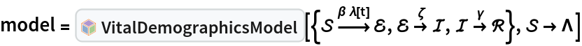 model = InterpretationBox[FrameBox[TagBox[TooltipBox[PaneBox[GridBox[List[List[GraphicsBox[List[Thickness[0.0025`], List[FaceForm[List[RGBColor[0.9607843137254902`, 0.5058823529411764`, 0.19607843137254902`], Opacity[1.`]]], FilledCurveBox[List[List[List[0, 2, 0], List[0, 1, 0], List[0, 1, 0], List[0, 1, 0], List[0, 1, 0]], List[List[0, 2, 0], List[0, 1, 0], List[0, 1, 0], List[0, 1, 0], List[0, 1, 0]], List[List[0, 2, 0], List[0, 1, 0], List[0, 1, 0], List[0, 1, 0], List[0, 1, 0], List[0, 1, 0]], List[List[0, 2, 0], List[1, 3, 3], List[0, 1, 0], List[1, 3, 3], List[0, 1, 0], List[1, 3, 3], List[0, 1, 0], List[1, 3, 3], List[1, 3, 3], List[0, 1, 0], List[1, 3, 3], List[0, 1, 0], List[1, 3, 3]]], List[List[List[205.`, 22.863691329956055`], List[205.`, 212.31669425964355`], List[246.01799774169922`, 235.99870109558105`], List[369.0710144042969`, 307.0436840057373`], List[369.0710144042969`, 117.59068870544434`], List[205.`, 22.863691329956055`]], List[List[30.928985595703125`, 307.0436840057373`], List[153.98200225830078`, 235.99870109558105`], List[195.`, 212.31669425964355`], List[195.`, 22.863691329956055`], List[30.928985595703125`, 117.59068870544434`], List[30.928985595703125`, 307.0436840057373`]], List[List[200.`, 410.42970085144043`], List[364.0710144042969`, 315.7036876678467`], List[241.01799774169922`, 244.65868949890137`], List[200.`, 220.97669792175293`], List[158.98200225830078`, 244.65868949890137`], List[35.928985595703125`, 315.7036876678467`], List[200.`, 410.42970085144043`]], List[List[376.5710144042969`, 320.03370475769043`], List[202.5`, 420.53370475769043`], List[200.95300006866455`, 421.42667961120605`], List[199.04699993133545`, 421.42667961120605`], List[197.5`, 420.53370475769043`], List[23.428985595703125`, 320.03370475769043`], List[21.882003784179688`, 319.1406993865967`], List[20.928985595703125`, 317.4896984100342`], List[20.928985595703125`, 315.7036876678467`], List[20.928985595703125`, 114.70369529724121`], List[20.928985595703125`, 112.91769218444824`], List[21.882003784179688`, 111.26669120788574`], List[23.428985595703125`, 110.37369346618652`], List[197.5`, 9.87369155883789`], List[198.27300024032593`, 9.426692008972168`], List[199.13700008392334`, 9.203690528869629`], List[200.`, 9.203690528869629`], List[200.86299991607666`, 9.203690528869629`], List[201.72699999809265`, 9.426692008972168`], List[202.5`, 9.87369155883789`], List[376.5710144042969`, 110.37369346618652`], List[378.1179962158203`, 111.26669120788574`], List[379.0710144042969`, 112.91769218444824`], List[379.0710144042969`, 114.70369529724121`], List[379.0710144042969`, 315.7036876678467`], List[379.0710144042969`, 317.4896984100342`], List[378.1179962158203`, 319.1406993865967`], List[376.5710144042969`, 320.03370475769043`]]]]], List[FaceForm[List[RGBColor[0.5529411764705883`, 0.6745098039215687`, 0.8117647058823529`], Opacity[1.`]]], FilledCurveBox[List[List[List[0, 2, 0], List[0, 1, 0], List[0, 1, 0], List[0, 1, 0]]], List[List[List[44.92900085449219`, 282.59088134765625`], List[181.00001525878906`, 204.0298843383789`], List[181.00001525878906`, 46.90887451171875`], List[44.92900085449219`, 125.46986389160156`], List[44.92900085449219`, 282.59088134765625`]]]]], List[FaceForm[List[RGBColor[0.6627450980392157`, 0.803921568627451`, 0.5686274509803921`], Opacity[1.`]]], FilledCurveBox[List[List[List[0, 2, 0], List[0, 1, 0], List[0, 1, 0], List[0, 1, 0]]], List[List[List[355.0710144042969`, 282.59088134765625`], List[355.0710144042969`, 125.46986389160156`], List[219.`, 46.90887451171875`], List[219.`, 204.0298843383789`], List[355.0710144042969`, 282.59088134765625`]]]]], List[FaceForm[List[RGBColor[0.6901960784313725`, 0.5882352941176471`, 0.8117647058823529`], Opacity[1.`]]], FilledCurveBox[List[List[List[0, 2, 0], List[0, 1, 0], List[0, 1, 0], List[0, 1, 0]]], List[List[List[200.`, 394.0606994628906`], List[336.0710144042969`, 315.4997024536133`], List[200.`, 236.93968200683594`], List[63.928985595703125`, 315.4997024536133`], List[200.`, 394.0606994628906`]]]]]], List[Rule[BaselinePosition, Scaled[0.15`]], Rule[ImageSize, 10], Rule[ImageSize, 15]]], StyleBox[RowBox[List["VitalDemographicsModel", " "]], Rule[ShowAutoStyles, False], Rule[ShowStringCharacters, False], Rule[FontSize, Times[0.9`, Inherited]], Rule[FontColor, GrayLevel[0.1`]]]]], Rule[GridBoxSpacings, List[Rule["Columns", List[List[0.25`]]]]]], Rule[Alignment, List[Left, Baseline]], Rule[BaselinePosition, Baseline], Rule[FrameMargins, List[List[3, 0], List[0, 0]]], Rule[BaseStyle, List[Rule[LineSpacing, List[0, 0]], Rule[LineBreakWithin, False]]]], RowBox[List["PacletSymbol", "[", RowBox[List["\"RobertNachbar/CompartmentalModeling\"", ",", "\"RobertNachbar`EpidemiologyModeling`VitalDemographicsModel\""]], "]"]], Rule[TooltipStyle, List[Rule[ShowAutoStyles, True], Rule[ShowStringCharacters, True]]]], Function[Annotation[Slot[1], Style[Defer[PacletSymbol["RobertNachbar/CompartmentalModeling", "RobertNachbar`EpidemiologyModeling`VitalDemographicsModel"]], Rule[ShowStringCharacters, True]], "Tooltip"]]], Rule[Background, RGBColor[0.968`, 0.976`, 0.984`]], Rule[BaselinePosition, Baseline], Rule[DefaultBaseStyle, List[]], Rule[FrameMargins, List[List[0, 0], List[1, 1]]], Rule[FrameStyle, RGBColor[0.831`, 0.847`, 0.85`]], Rule[RoundingRadius, 4]], PacletSymbol["RobertNachbar/CompartmentalModeling", "RobertNachbar`EpidemiologyModeling`VitalDemographicsModel"], Rule[Selectable, False], Rule[SelectWithContents, True], Rule[BoxID, "PacletSymbolBox"]][{\[ScriptCapitalS] 
\!\(\*OverscriptBox[\(\[RightArrow]\), \(\[Beta]\ \[Lambda][
       t]\)]\) \[ScriptCapitalE], \[ScriptCapitalE] 
\!\(\*OverscriptBox[\(\[RightArrow]\), \(\[Zeta]\)]\) \[ScriptCapitalI], \[ScriptCapitalI] 
\!\(\*OverscriptBox[\(\[RightArrow]\), \(\[Gamma]\)]\) \[ScriptCapitalR]}, \[ScriptCapitalS] -> \[CapitalLambda]]