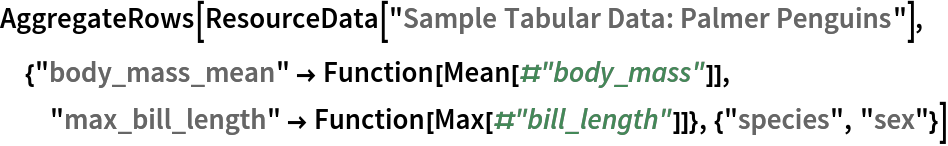 AggregateRows[ResourceData[\!\(\*
TagBox["\"\<Sample Tabular Data: Palmer Penguins\>\"",
#& ,
BoxID -> "ResourceTag-Sample Tabular Data: Palmer Penguins-Input",
AutoDelete->True]\)], {"body_mass_mean" -> Function[Mean[#"body_mass"]], "max_bill_length" -> Function[Max[#"bill_length"]]}, {"species", "sex"}]