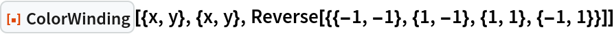 ResourceFunction["ColorWinding"][{x, y}, {x, y}, Reverse[{{-1, -1}, {1, -1}, {1, 1}, {-1, 1}}]]