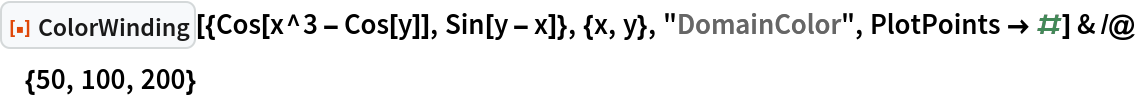 ResourceFunction["ColorWinding", ResourceVersion->"1.0.0"][{Cos[x^3 - Cos[y]], Sin[y - x]}, {x, y}, "DomainColor", PlotPoints -> #] & /@ {50, 100, 200}