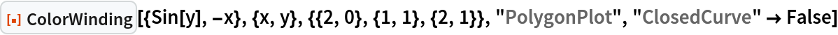 ResourceFunction["ColorWinding", ResourceVersion->"1.0.0"][{Sin[y], -x}, {x, y}, {{2, 0}, {1, 1}, {2, 1}}, "PolygonPlot", "ClosedCurve" -> False]