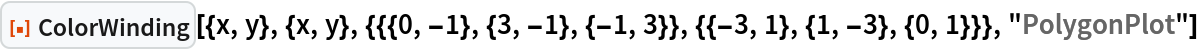 ResourceFunction["ColorWinding", ResourceVersion->"1.0.0"][{x, y}, {x, y}, {{{0, -1}, {3, -1}, {-1, 3}}, {{-3, 1}, {1, -3}, {0, 1}}}, "PolygonPlot"]