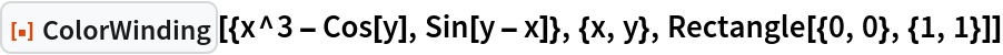 ResourceFunction["ColorWinding"][{x^3 - Cos[y], Sin[y - x]}, {x, y}, Rectangle[{0, 0}, {1, 1}]]