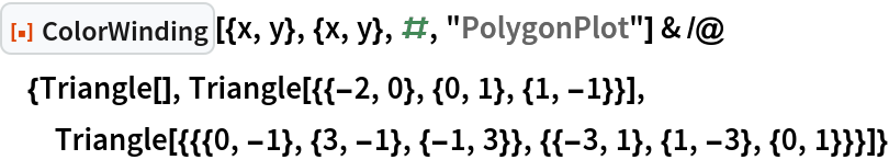 ResourceFunction["ColorWinding"][{x, y}, {x, y}, #, "PolygonPlot"] & /@ {Triangle[], Triangle[{{-2, 0}, {0, 1}, {1, -1}}], Triangle[{{{0, -1}, {3, -1}, {-1, 3}}, {{-3, 1}, {1, -3}, {0, 1}}}]}