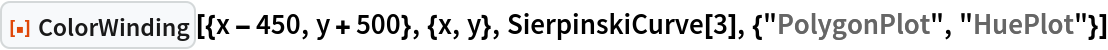 ResourceFunction["ColorWinding"][{x - 450, y + 500}, {x, y}, SierpinskiCurve[3], {"PolygonPlot", "HuePlot"}]