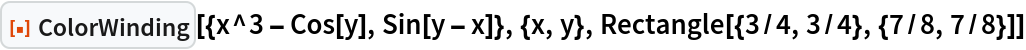 ResourceFunction["ColorWinding"][{x^3 - Cos[y], Sin[y - x]}, {x, y}, Rectangle[{3/4, 3/4}, {7/8, 7/8}]]