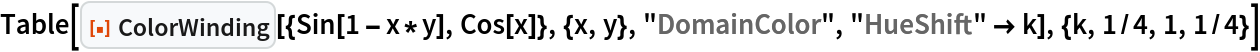 Table[ResourceFunction["ColorWinding"][{Sin[1 - x*y], Cos[x]}, {x, y},
   "DomainColor", "HueShift" -> k], {k, 1/4, 1, 1/4}]