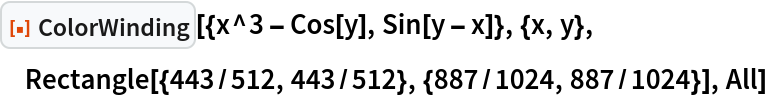 ResourceFunction["ColorWinding"][{x^3 - Cos[y], Sin[y - x]}, {x, y}, Rectangle[{443/512, 443/512}, {887/1024, 887/1024}], All]