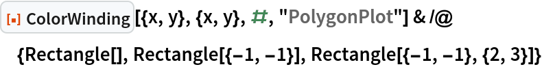 ResourceFunction["ColorWinding"][{x, y}, {x, y}, #, "PolygonPlot"] & /@ {Rectangle[], Rectangle[{-1, -1}], Rectangle[{-1, -1}, {2, 3}]}