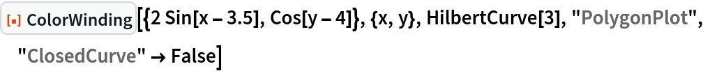 ResourceFunction["ColorWinding"][{2 Sin[x - 3.5], Cos[y - 4]}, {x, y},
  HilbertCurve[3], "PolygonPlot", "ClosedCurve" -> False]