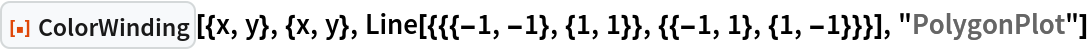 ResourceFunction["ColorWinding"][{x, y}, {x, y}, Line[{{{-1, -1}, {1, 1}}, {{-1, 1}, {1, -1}}}], "PolygonPlot"]