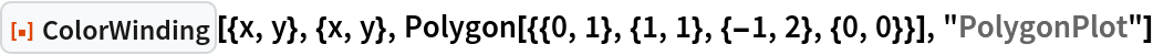 ResourceFunction["ColorWinding"][{x, y}, {x, y}, Polygon[{{0, 1}, {1, 1}, {-1, 2}, {0, 0}}], "PolygonPlot"]