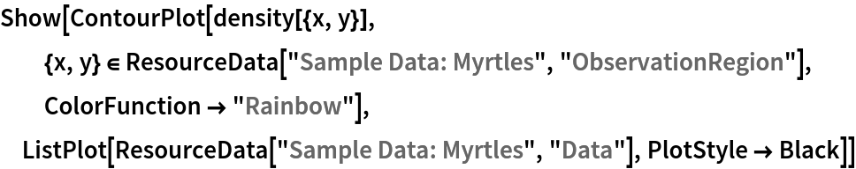 Show[ContourPlot[density[{x, y}], {x, y} \[Element] ResourceData[\!\(\*
TagBox["\"\<Sample Data: Myrtles\>\"",
#& ,
BoxID -> "ResourceTag-Sample Data: Myrtles-Input",
AutoDelete->True]\), "ObservationRegion"], ColorFunction -> "Rainbow"], ListPlot[ResourceData[\!\(\*
TagBox["\"\<Sample Data: Myrtles\>\"",
#& ,
BoxID -> "ResourceTag-Sample Data: Myrtles-Input",
AutoDelete->True]\), "Data"], PlotStyle -> Black]]