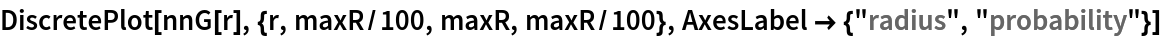 DiscretePlot[nnG[r], {r, maxR/100, maxR, maxR/100}, AxesLabel -> {"radius", "probability"}]