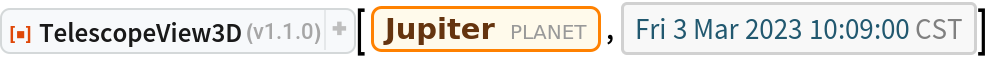 ResourceFunction["TelescopeView3D"][Entity["Planet", "Jupiter"], DateObject[{2023, 3, 3, 10, 9, 0}, "Instant", "Gregorian", "America/Chicago"]]