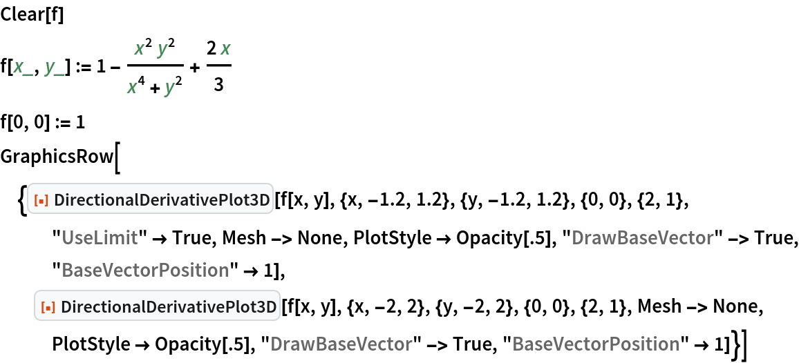 Clear[f]
f[x_, y_] := 1 - (x^2 y^2)/(x^4 + y^2) + (2 x)/3
f[0, 0] := 1
GraphicsRow[{ResourceFunction["DirectionalDerivativePlot3D"][
   f[x, y], {x, -1.2, 1.2}, {y, -1.2, 1.2}, {0, 0}, {2, 1}, "UseLimit" -> True, Mesh -> None, PlotStyle -> Opacity[.5], "DrawBaseVector" -> True, "BaseVectorPosition" -> 1], ResourceFunction["DirectionalDerivativePlot3D"][
   f[x, y], {x, -2, 2}, {y, -2, 2}, {0, 0}, {2, 1}, Mesh -> None, PlotStyle -> Opacity[.5], "DrawBaseVector" -> True, "BaseVectorPosition" -> 1]}]