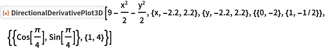 ResourceFunction["DirectionalDerivativePlot3D"][
 9 - x^2/2 - y^2/2, {x, -2.2, 2.2}, {y, -2.2, 2.2}, {{0, -2}, {1, -1/2}}, {{Cos[\[Pi]/4], Sin[\[Pi]/4]}, {1, 4}}]